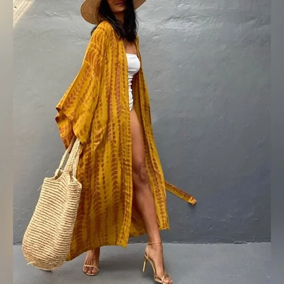 - New MUSTARD & CRAN Boho Tie Dye Kimono Maxi Beach open front long COVERUP *NEW